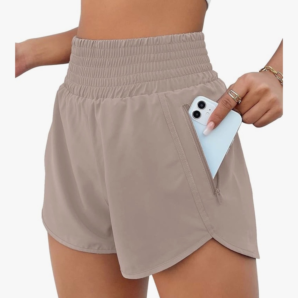 BMJL Khaki Tan High Waisted Running Shorts Medium Smocked Zip Pocket